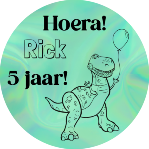 Ronde dino T-rex traktatiesticker met naam Rick en leeftijd 5 jaar toy story